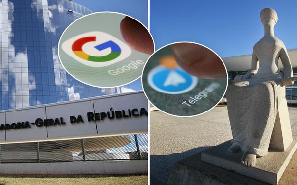 Fachada da PGR e STF; e logos do Google e Telegram