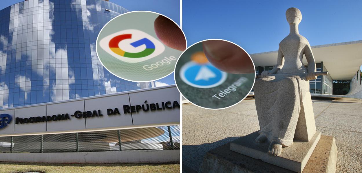 Fachada da PGR e STF; e logos do Google e Telegram