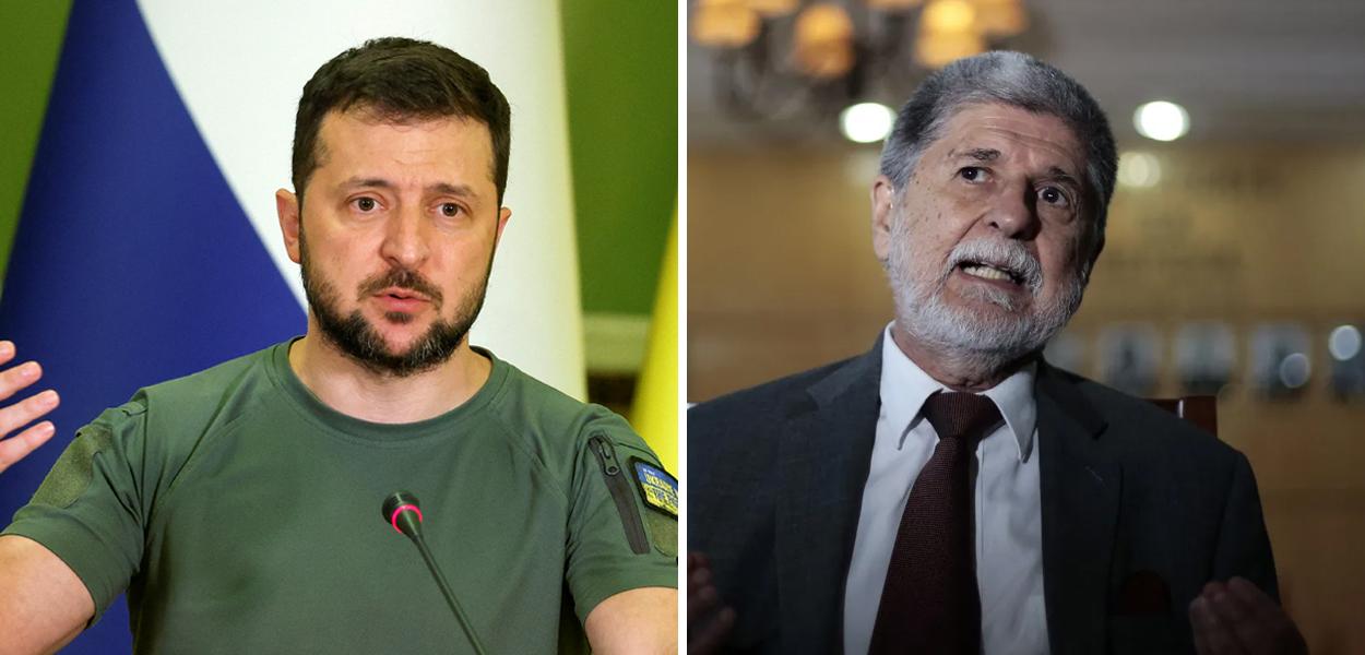 Volodymyr Zelensky (à esq.) e Celso Amorim