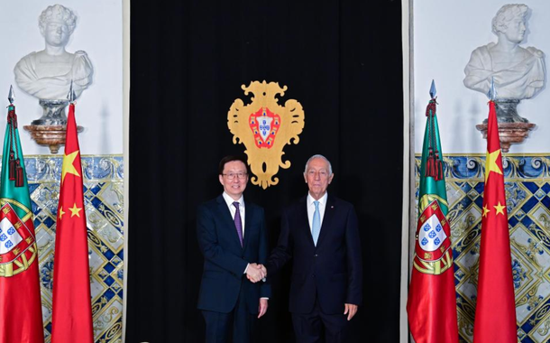 O vice-presidente chinês, Han Zheng, e o presidente de Portugal, Marcelo Rebelo de Sousa
