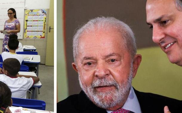Montagem (da esq. para a dir.): escola na educação básica, Luiz Inácio Lula da Silva e Camilo Santana