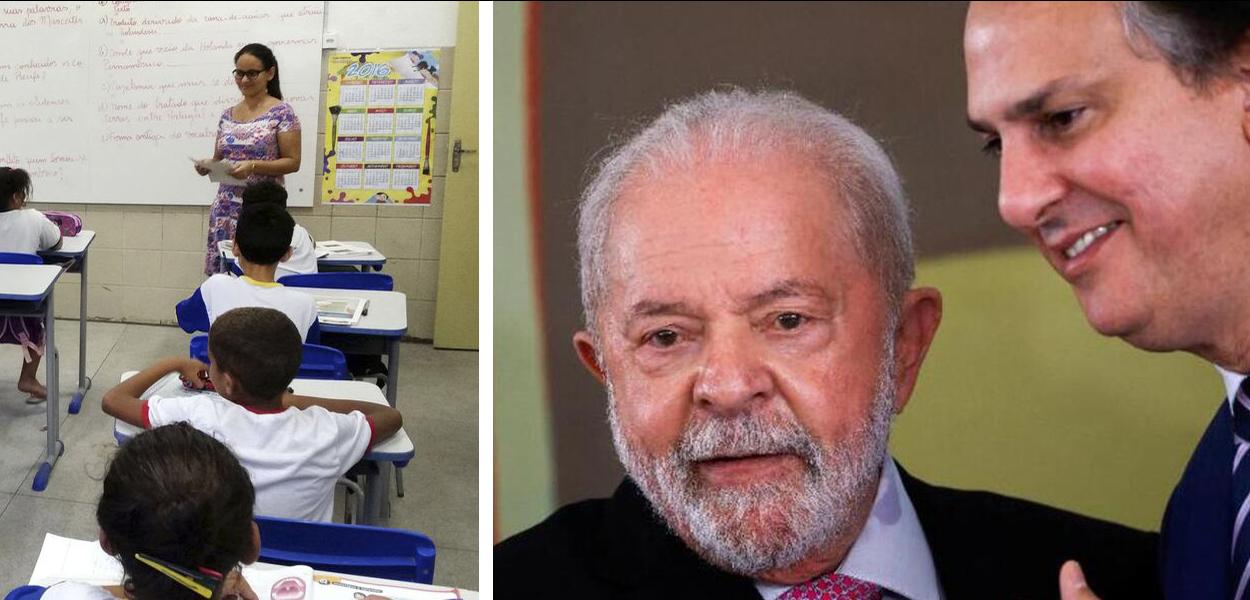 Montagem (da esq. para a dir.): escola na educação básica, Luiz Inácio Lula da Silva e Camilo Santana