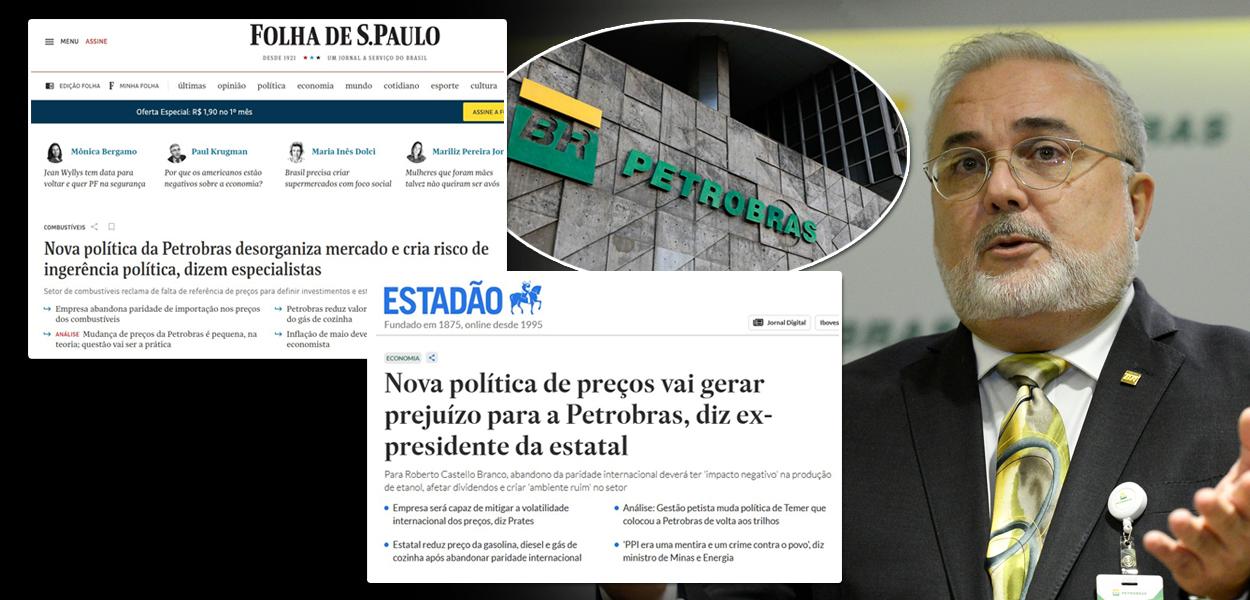 Montagem (da esq. para a dir.): Prints de reportagens dos jornais Folha de S.Paulo, O Estado de S.Paulo, Petrobrás e Jean Paul Prates, presidente da estatal