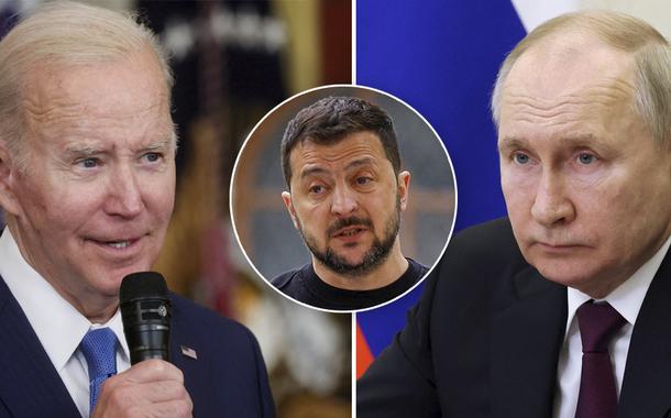 Montagem (da esq. para a dir.): presidentes Joe Biden (EUA), Volodymyr Zelensky (Ucrânia) e Vladimir Putin (Rússia)