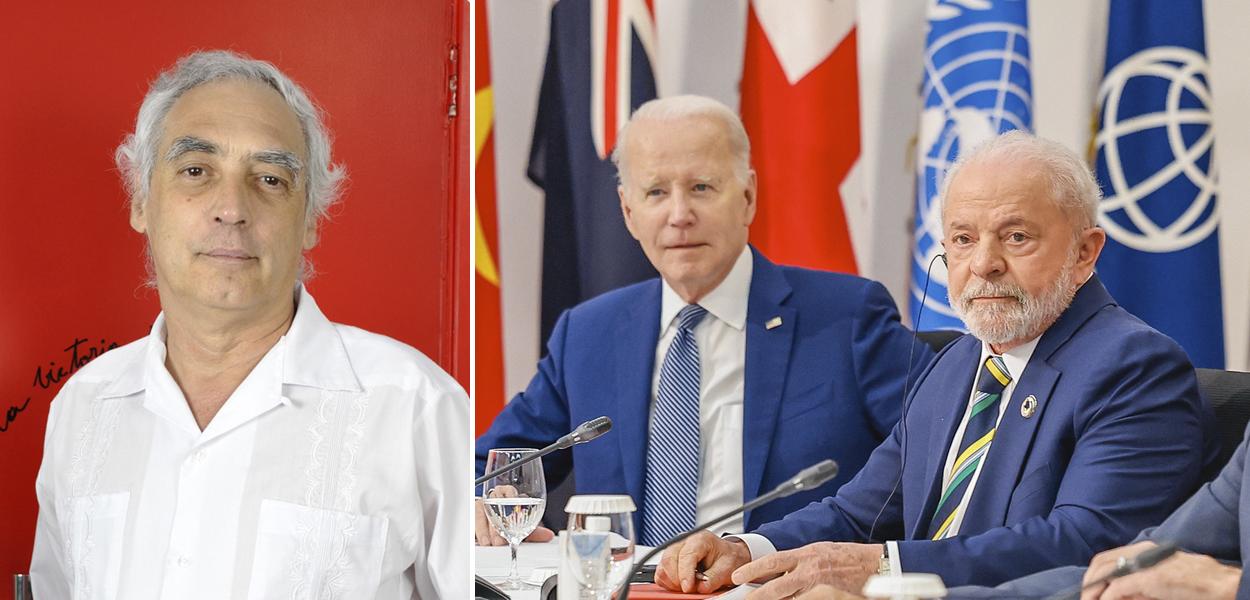 José Reinaldo Carvalho e Joe Biden com Lula durante Sessão de trabalho do G7