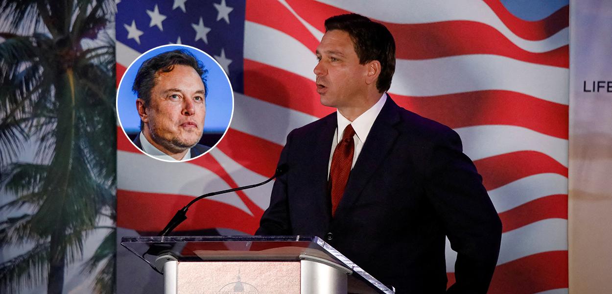 Elon Musk e o governador da Flórida, Ron DeSantis, em Orlando