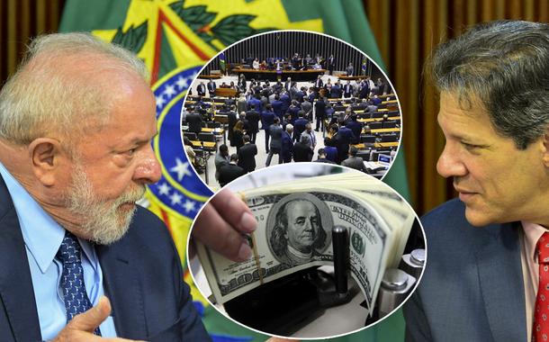 Montagem (da esq. para a dir.): o presidente da República, Luiz Inácio Lula da Silva (gravata azul), o ministro da Fazenda, Fernando Haddad (gravata vermelha), notas de dólares e plenário da Câmara dos Deputados