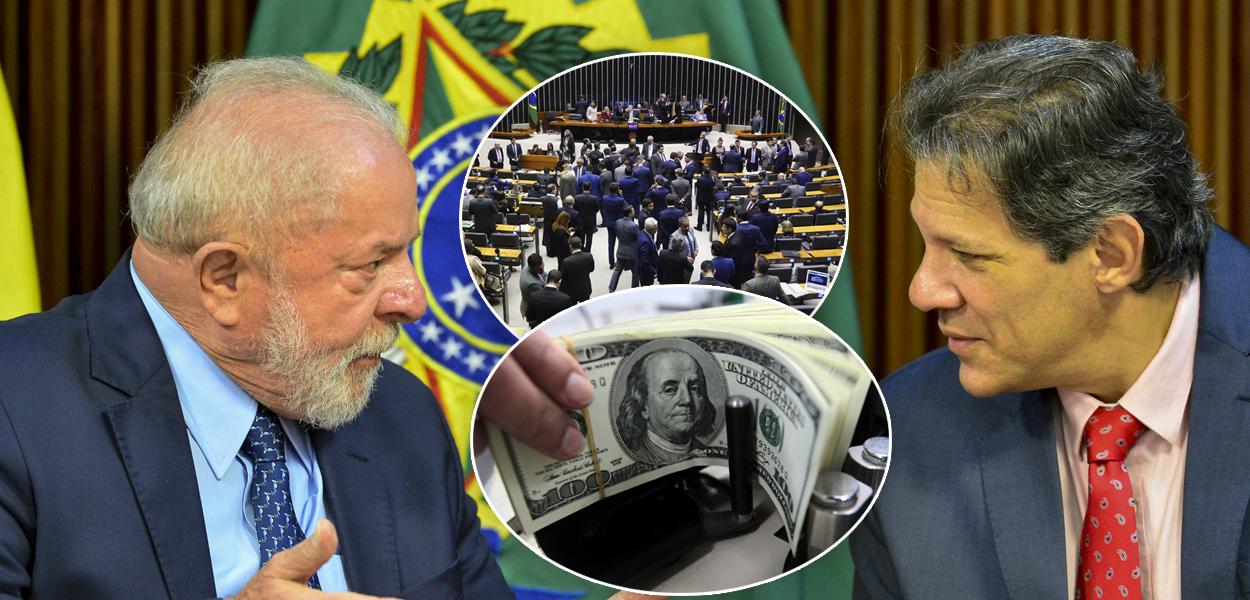 Montagem (da esq. para a dir.): o presidente da República, Luiz Inácio Lula da Silva (gravata azul), o ministro da Fazenda, Fernando Haddad (gravata vermelha), notas de dólares e plenário da Câmara dos Deputados