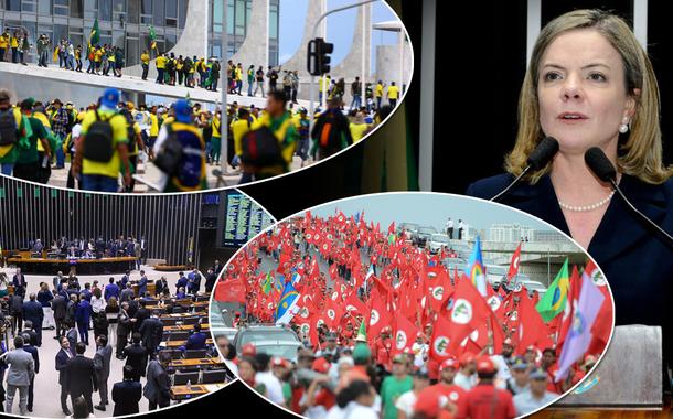 Montagem: atos golpistas (pessoas de roupa amarela), parte interna da Câmara dos Deputados, mobilizações do MST (bandeiras vermelhas) e Gleisi Hoffmann