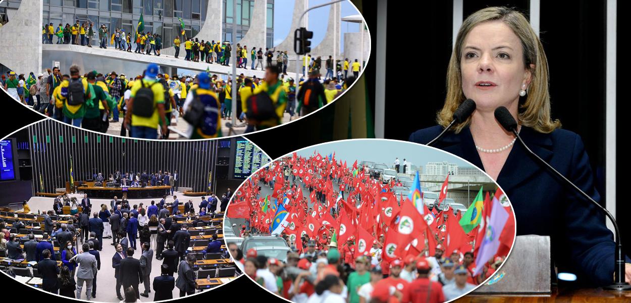 Montagem: atos golpistas (pessoas de roupa amarela), parte interna da Câmara dos Deputados, mobilizações do MST (bandeiras vermelhas) e Gleisi Hoffmann