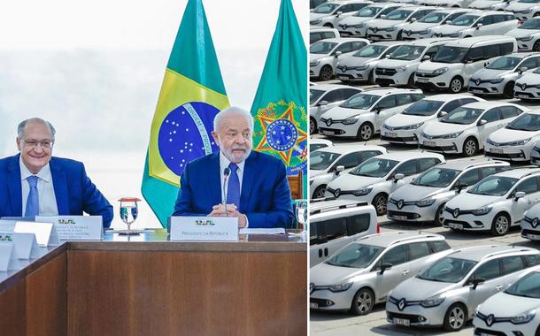 Montagem (da esq. para a dir.): Geraldo Alckmin, ministro do Desenvolvimento, Indústria, Comércio e Serviços, Luiz Inácio Lula da Silva (presidente da República) e um pátio de carros