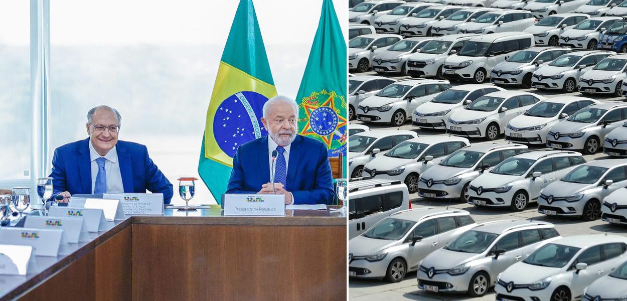 Montagem (da esq. para a dir.): Geraldo Alckmin, ministro do Desenvolvimento, Indústria, Comércio e Serviços, Luiz Inácio Lula da Silva (presidente da República) e um pátio de carros