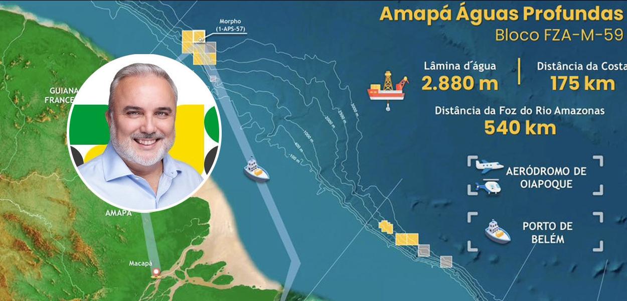 Jean Paul Prates e ilustração da prospecção de petróleo na Foz do Amazonas