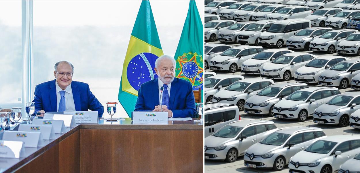 Geraldo Alckmin (de óculos), Luiz Inácio Lula da Silva e pátio de carros