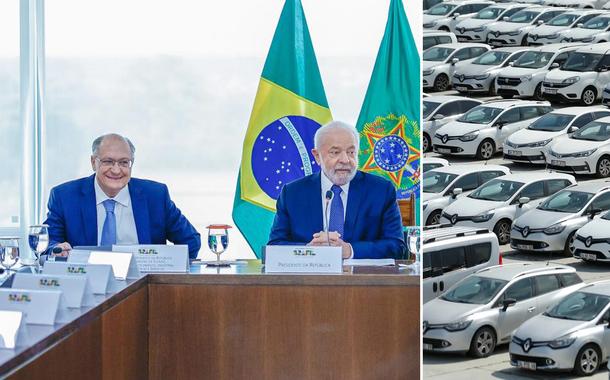 Geraldo Alckmin (de óculos), Luiz Inácio Lula da Silva e pátio de carros