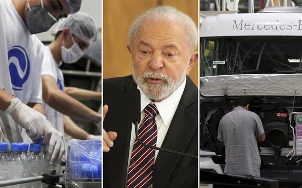 Pessoas trabalhando em fábricas e Lula