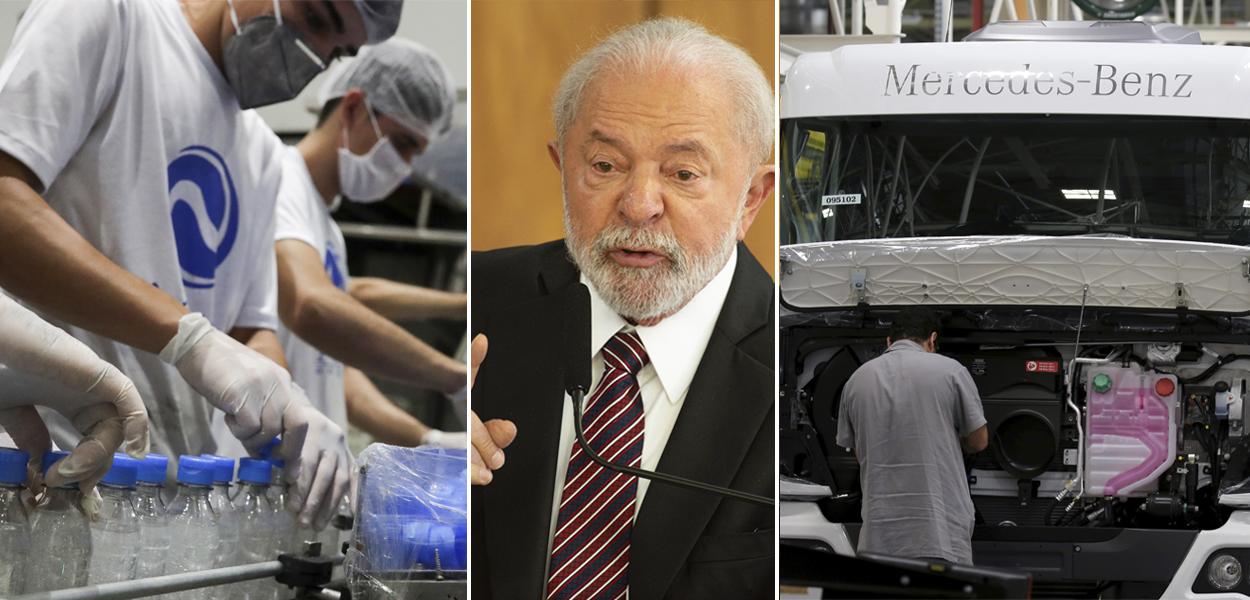 Pessoas trabalhando em fábricas e Lula