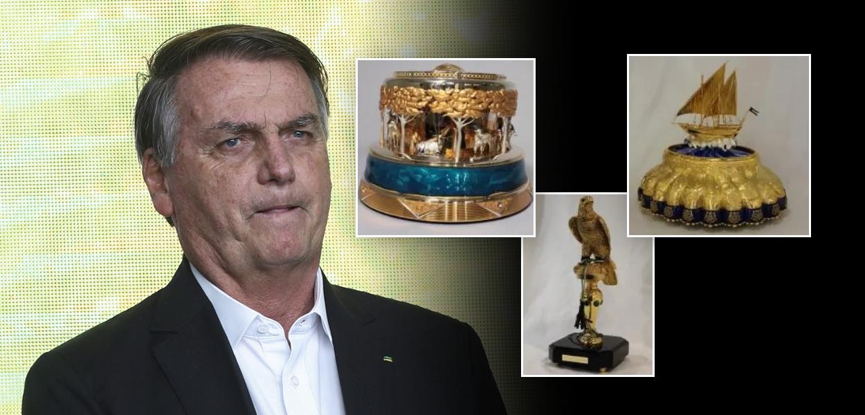 Jair Bolsonaro e esculturas de ouro (Foto: REUTERS/Carla Carniel | Reprodução) Jair Bolsonaro e esculturas de ouro