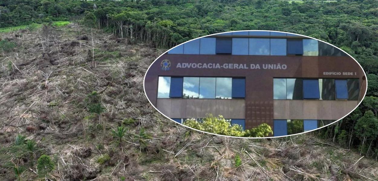 Vista de drone mostra área desmatada na Amazônia, em Uruará, Brasil e prédio da AGU