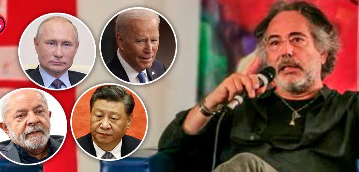 Montagem: marcas do 247, Luiz Inácio Lula da Silva (círculo, embaixo, à esq.), Vladimir Putin (círculo, em cima, à esq.), Xi Jinping (círculo, embaixo, à dir.), Joe Biden (círculo, em cima, à dir.) e Pepe Escobar (com o microfone)