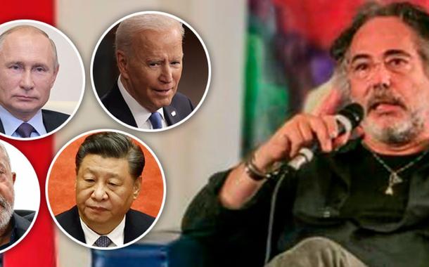 Montagem: marcas do 247, Luiz Inácio Lula da Silva (círculo, embaixo, à esq.), Vladimir Putin (círculo, em cima, à esq.), Xi Jinping (círculo, embaixo, à dir.), Joe Biden (círculo, em cima, à dir.) e Pepe Escobar (com o microfone)