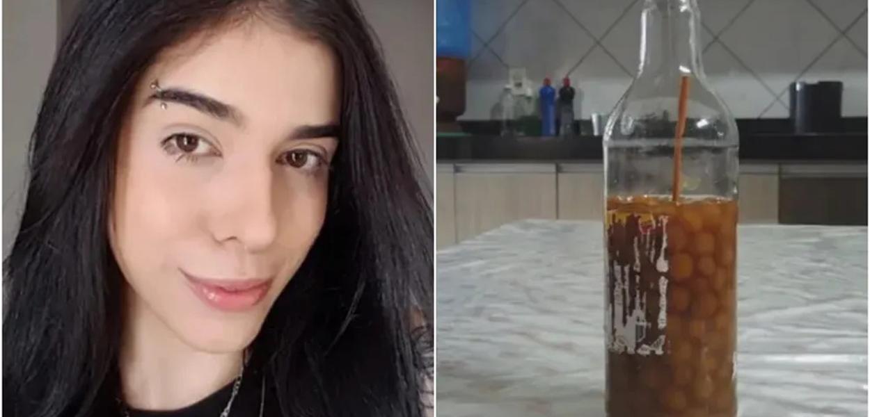 Thais Medeiros (esquerda) e garrafa de pimenta em conserva que ela cheirou Goiás