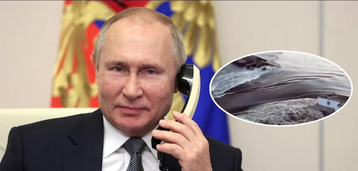 Vladimir Putin e barragem de Kakhovka destruída