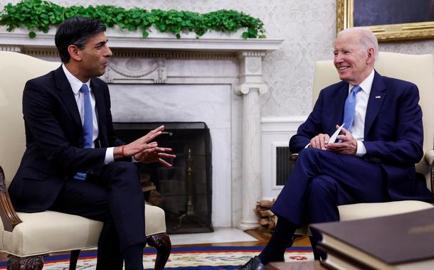 Britain's Prime Minister Rishi Sunak speaks during a meeting with U.S. President Joe Biden in the Oval Office at the White House in Washington, U.S., June 8, 2023. REUTERS/Evelyn Hockstein