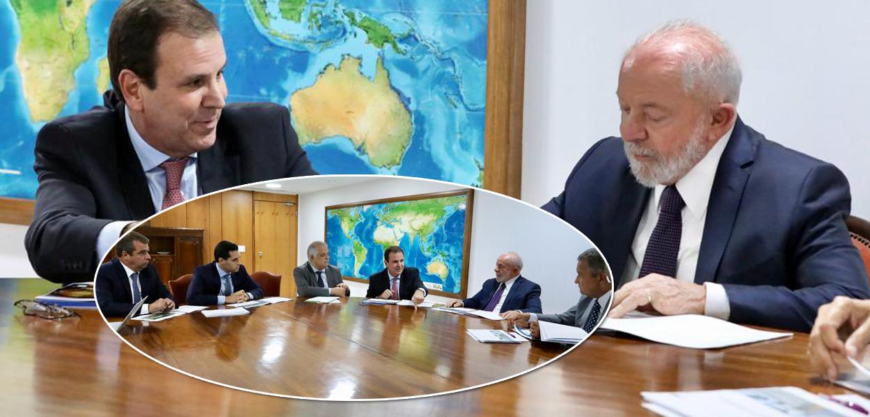 Eduardo Paes (gravata rosa), Luiz Inácio Lula da Silva (gravata escura) e outros membros do governo federal durante reunião em Brasília