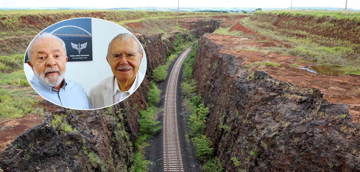 Luiz Inácio Lula da Silva (à esq., no círculo), José Sarney (de óculos) e a ferrovia Norte-Sul