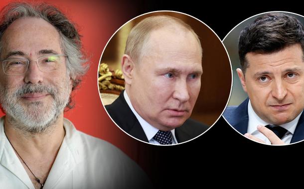 Montagem (da esq. para a dir.): Pepe Escobar, Vladimir Putin (presidente da Rússia) e Volodymyr  Zelensky (presidente da Ucrânia)