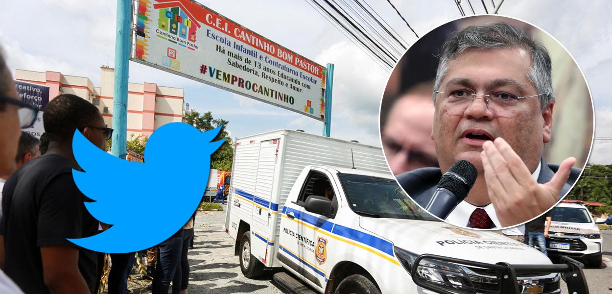 Viaturas após massacre em Blumenau, em SC (ao fundo), marca do Twitter e o ministro Flávio Dino (Foto: Reprodução | Reuters | Agencia Câmara) Viaturas após massacre em Blumenau, em SC (ao fundo), marca do Twitter e o ministro Flávio Dino