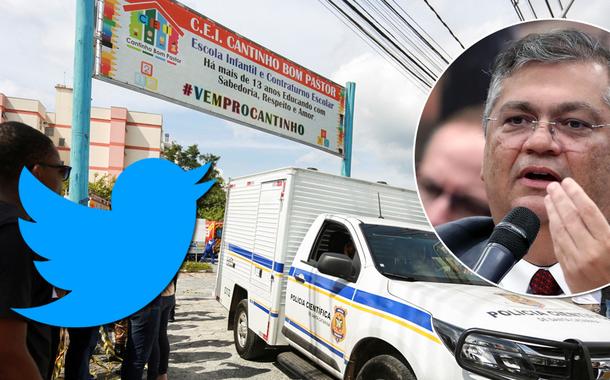 Viaturas após massacre em Blumenau, em SC (ao fundo), marca do Twitter e o ministro Flávio Dino