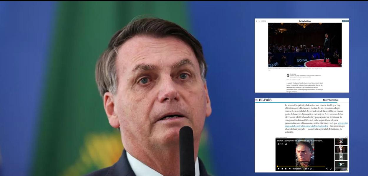 Jair Bolsonaro e prints de matérias dos jornais The New York Times e El País