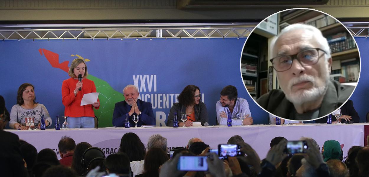 Foro de São Paulo com a presença do presidente Lula (o terceiro sentado da esq. para a dir.), da presidente nacional do PT, Gleisi Hoffmann (de vermelho) e outras lideranças. José Genoino aparece no círculo, à dir., em entrevista à TV 247
