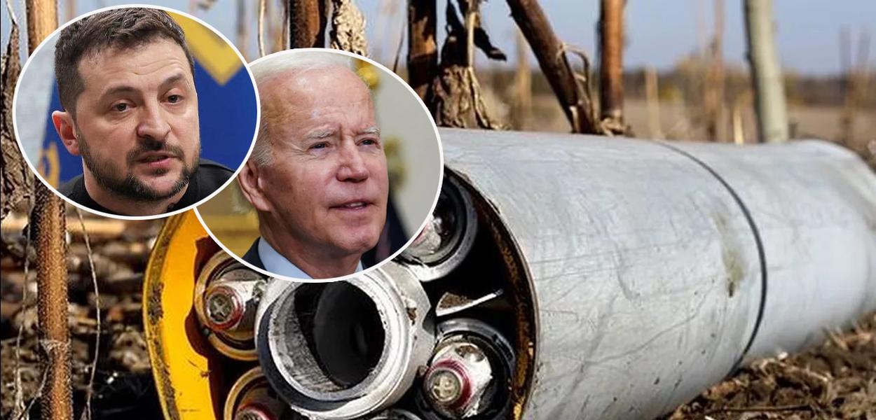 Presidentes Volodymyr Zelensky (da Ucrânia, à esq.), Joe Biden (dos EUA) e uma bomba de fragmentação